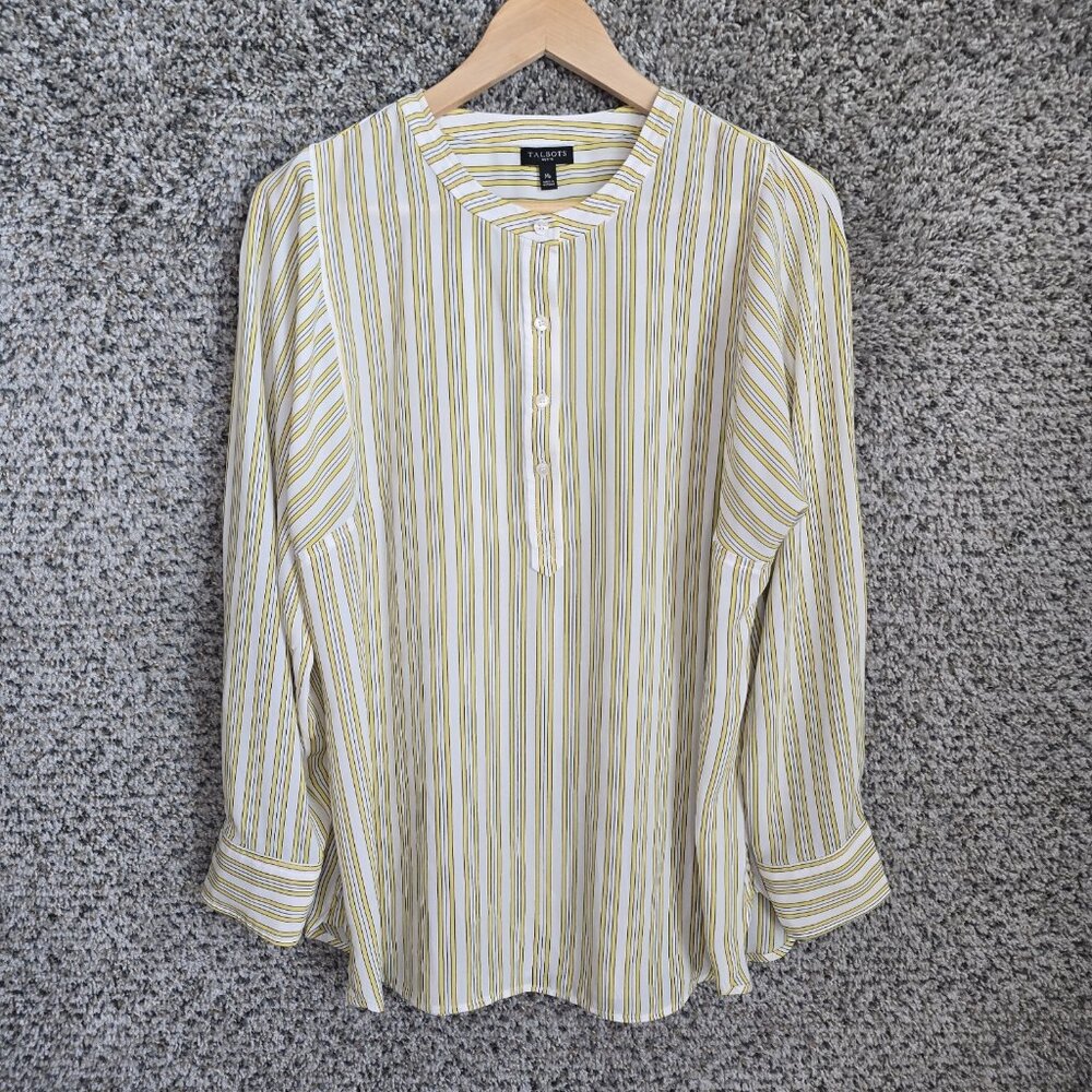 Talbots Top Womens MP Petite Medium Yellow‎ Striped Popover Semi Sheer Blouse